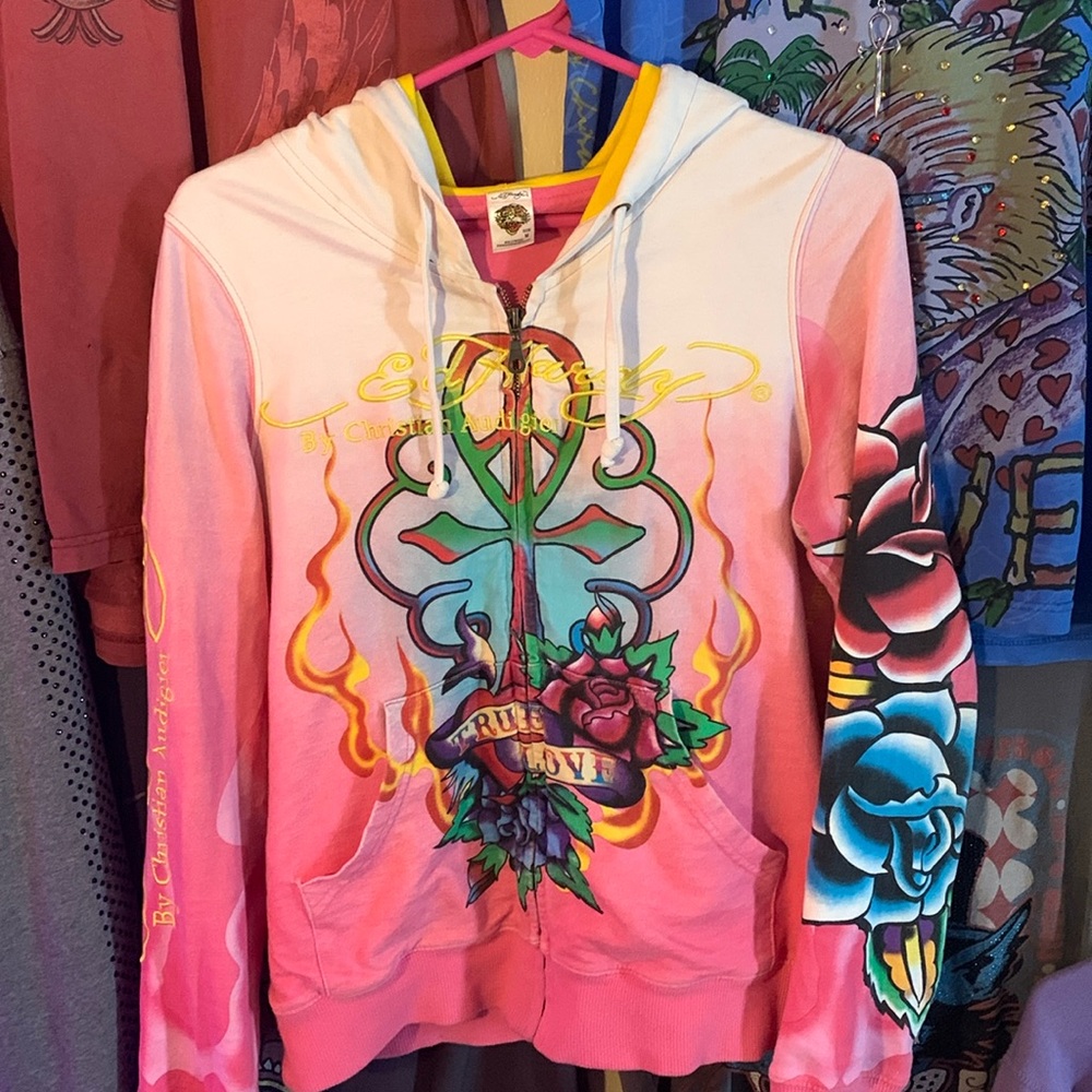 Pink Embroidered Ed Hardy “True Love” Zip Up Hoodie By Christian Audigier